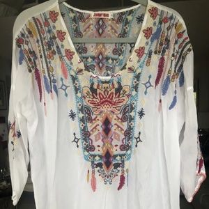 New Johnny Was Vicenza  Embroidered Cupra Rayon Blouse Tunic Top White SZ M EUC